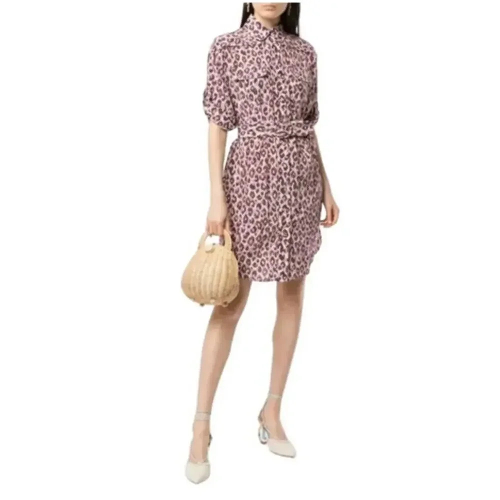 Zimmerman Super Eight Safari Leopard Print Silk Shirt Dress Belted Size 2